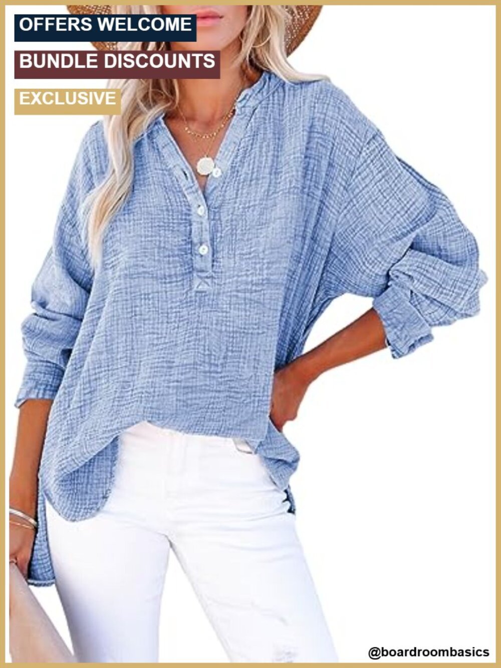 Women's V-Neck Button Down Blouse Long Sleeve Cotton Top Loose Fit